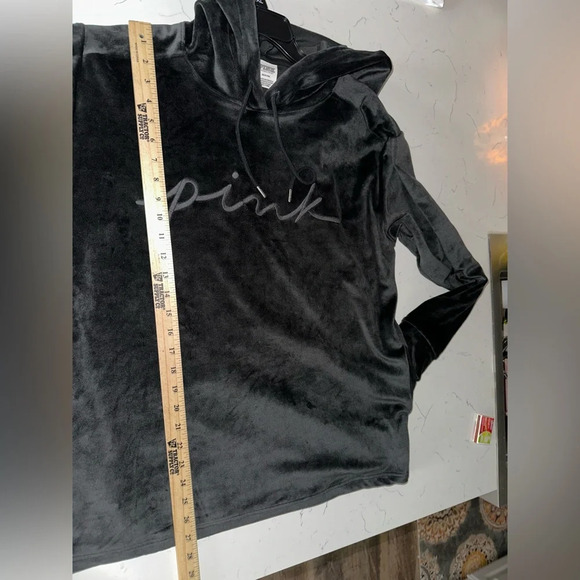 PINK VICTORIA'S SECRET Black VELOUR STRETCH PULLOVER HOODIE SZ Medium NWOT - Picture 5 of 9
